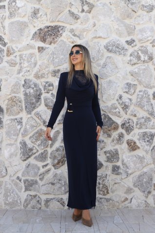 Lacivert Degaje Yakası Tül Detaylı Tokalı Elbise