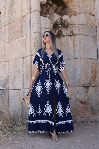 Lacivert Desenli Beli Lastikli İp Detay Elbise
