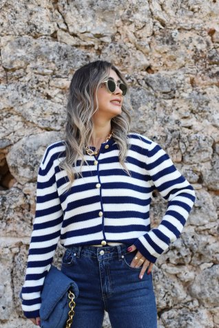 Lacivert Ekru Gold Düğmeli Standart Beden Hırka