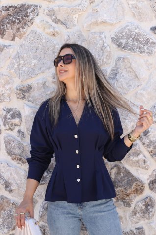 Lacivert Gold Düğmeli Pilili Gömlek