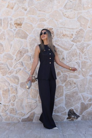 Lacivert Gold Düğmeli Yelekli Denim Takım