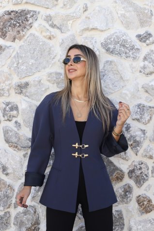 Lacivert Gold Kanca Düğmeli Yakasız Ceket