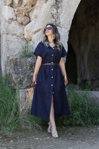 Lacivert Kahve Kemerli Denim Elbise