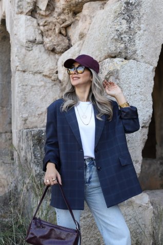 Lacivert Kareli Standart Beden Oversize Ceket