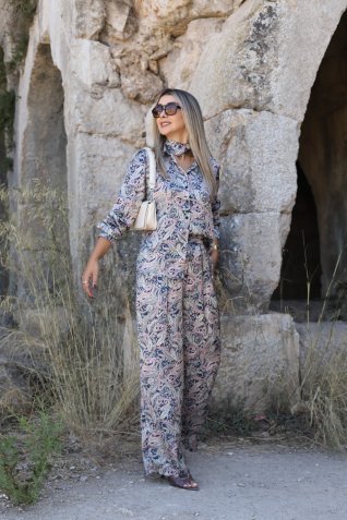 Lacivert Karşık Desen Saten Fularlı Takım