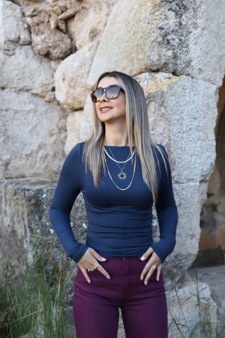 Lacivert Kayık Yaka Büzgülü Bluz