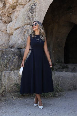 Lacivert Kemer Detaylı Midi Elbise