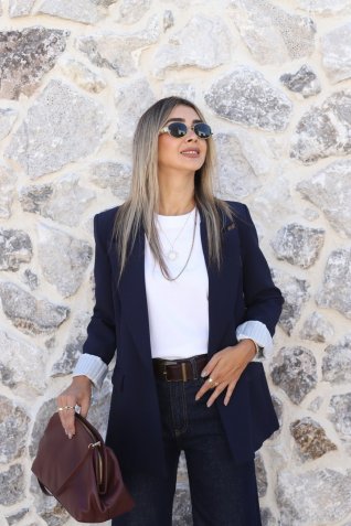 Lacivert Kolu Katlamalı Çizgili Astarlı Blazer