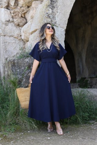 Lacivert Ön Arka Kruvaze Kuşaklı Gofre Elbise