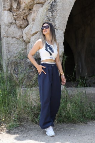 Lacivert Paraşüt Pantolon Kaplan Baskılı Bluz Takım