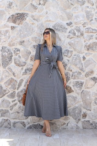 Lacivert Polo Yaka Mini Kareli Elbise