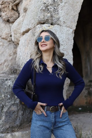 Lacivert Polo Yaka Orjin Fitilli Bluz