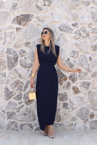 Lacivert Sıfır Kol Çift Tokalı Elbise