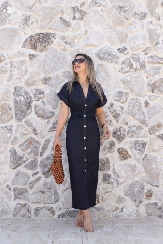 Lacivert Sıfır Kol Düğme Detay Denim Elbise