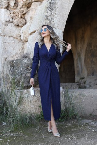 Lacivert Simli Düğüm Detay Elbise