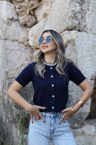 Lacivert Standart Beden Boynu Taşlı Hırka