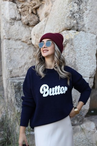 Lacivert Standart Beden Butter Yazılı Kazak