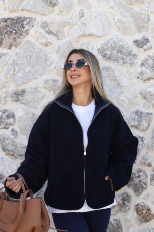 Lacivert Standart Beden Fermuarlı Peluş Ceket