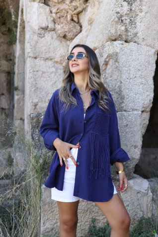 Lacivert Standart Beden Oversize Cep Detay Gömlek