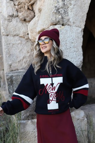 Lacivert Süet Nakışlı Fermuarlı Sweatshirt