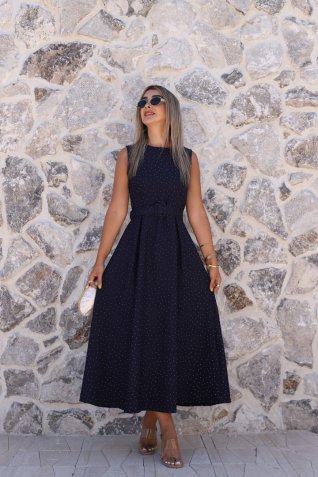 Lacivert Taşlı Kemerli Halter Kloş Elbise