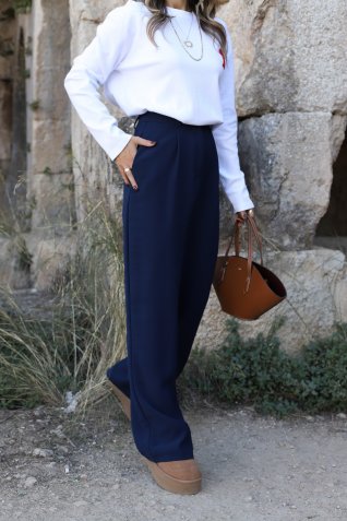 Lacivert Tek Pileli Krep Palazzo