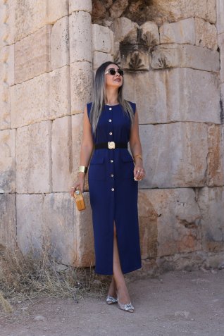 Lacivert Tokalı Kemer Detay Tasarım Elbise