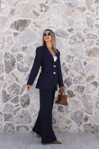 Lacivert Yan Bağlama Detay Blazer Takım