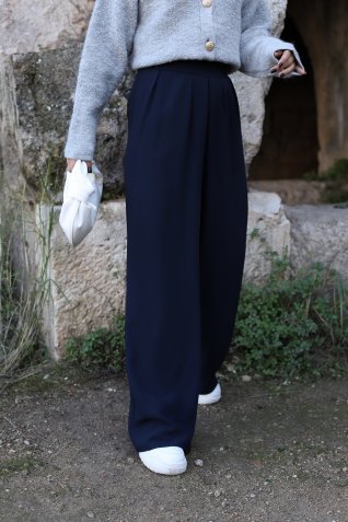 Lacivert Yandan Fermuarlı Üç Pileli Palazzo Pantolon