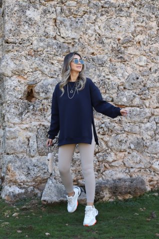 Lacivert Yırtmaçlı Şardonlu Standart Beden Sweat