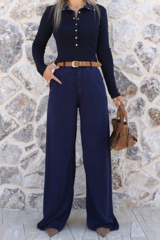 Lacivert Yüksek Bel İnce Kumaş Jean