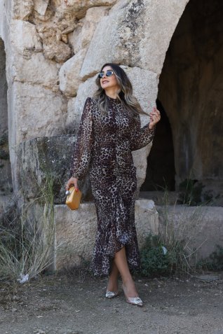 Leopar Önü Fırfırlı Şifon Elbise