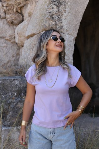 Leylak Lila Bisiklet Yaka Kol Detay Tshirt