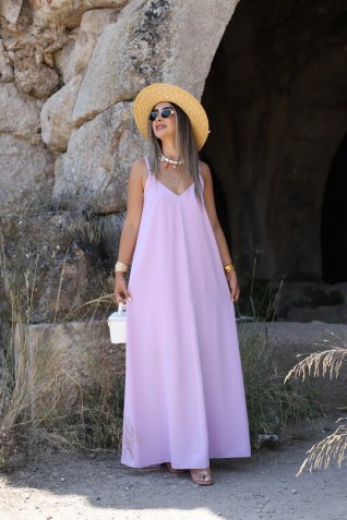 Lila Askılı V Yaka Saten Sırtı Lastikli Elbise