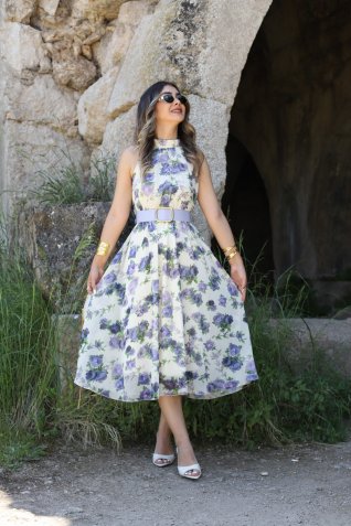 Lila Halter Yaka Çiçekli Şifon Elbise