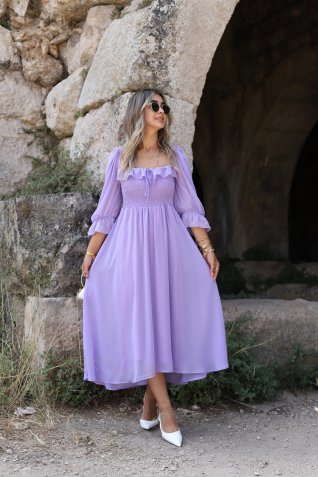 Lila Madonna Yaka Şifon Elbise