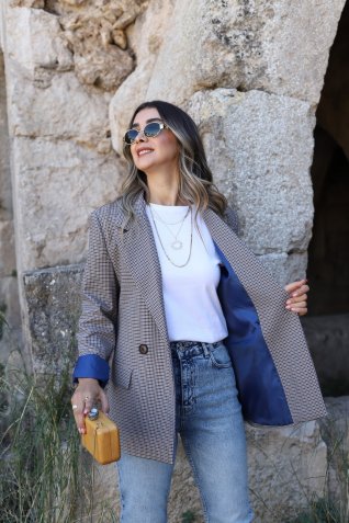 Mavi Astarlı Oversize Çift Düğme Blazer