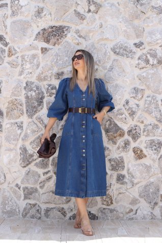 Mavi Balon Kol V Yaka Denim Elbise