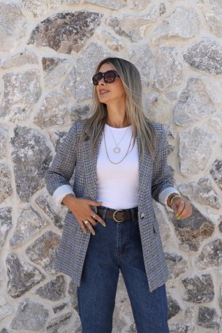 Mavi Ekru Astarlı Kazayağı Blazer