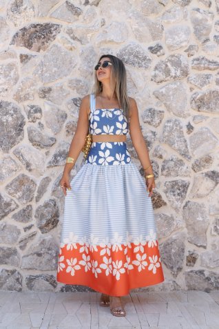 Mavi Floral Desen Croplu Etek Takım