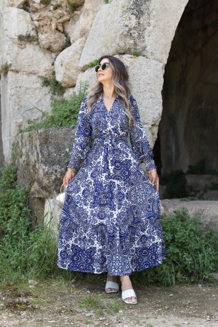 Mavi Floral Desenli Kemerli Elbise