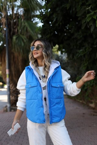 Mavi Garnili Kapşonlu Yelek