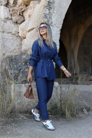 Mavi Havuç Kesim Pantolonlu Jean Gömlekli Takım