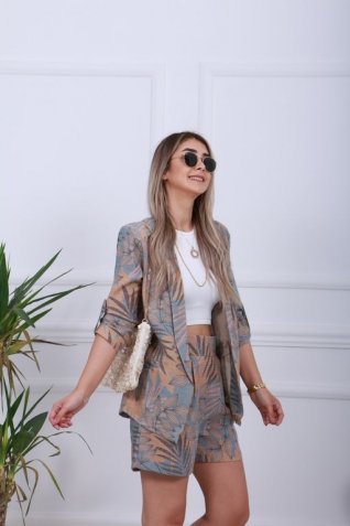 Mavi Kahve Floral Desen Ceket Şort Takım