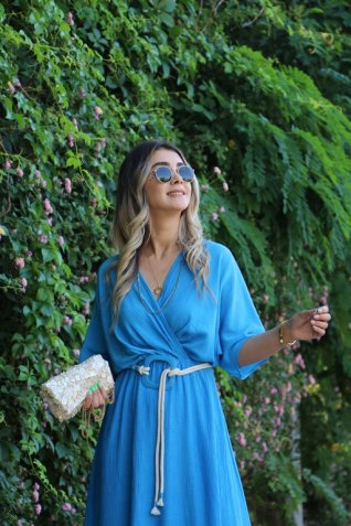 Mavi İpli Kemer Detay Standart Beden Elbise 