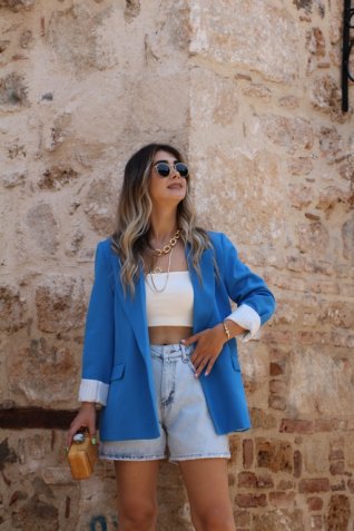 Mavi Keten Çizgili Astarlı Blazer