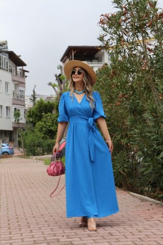 Mavi Keten Kuşak Detay Elbise