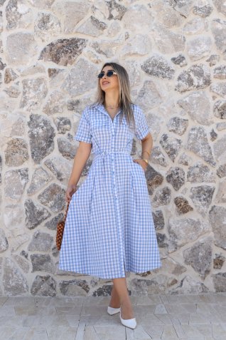 Mavi Kısa Kollu Kuşaklı Pötikare Elbise