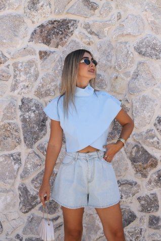 Mavi Omuz Düğmeli Crop Bluz