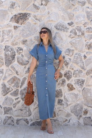 Mavi Sıfır Kol Düğme Detay Denim Elbise